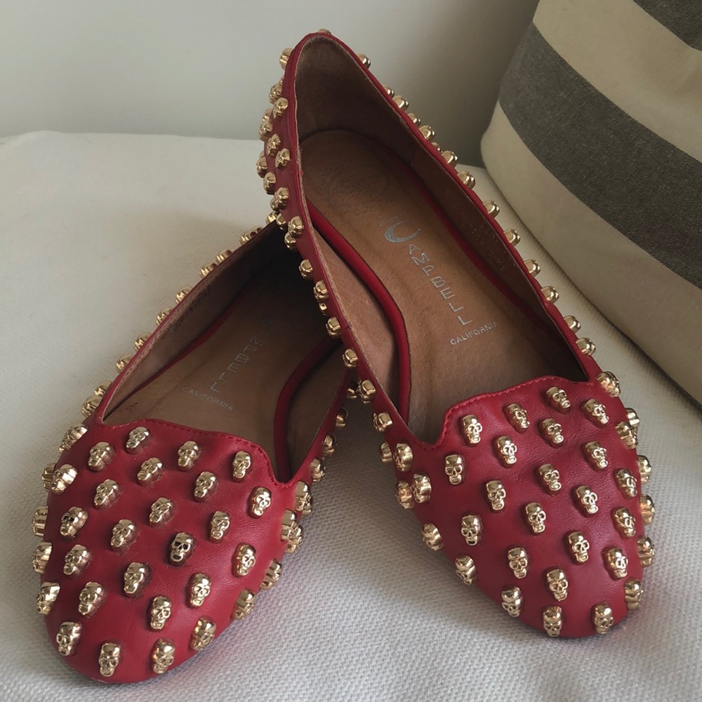 Jeffrey Campbell Red and Gold Studded Skull Flats